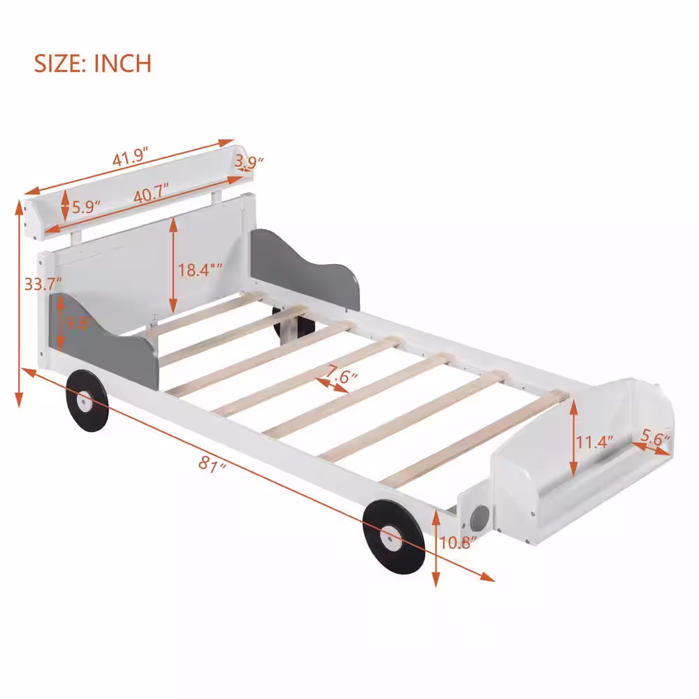 Harper & Bright Designs White Twin Size Car-Shaped Platform Bed with Storage Shelves