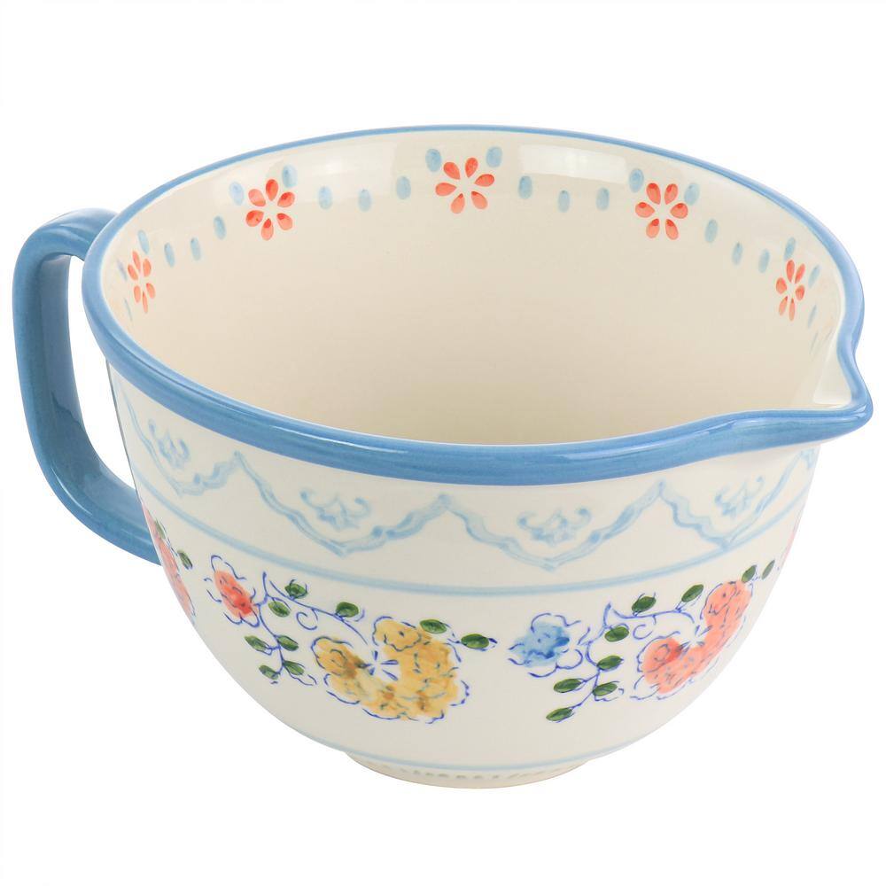 GIBSON ELITE 2 qt. Anaya Hand Painted Floral Stoneware Batter Bowl with Blue Trim