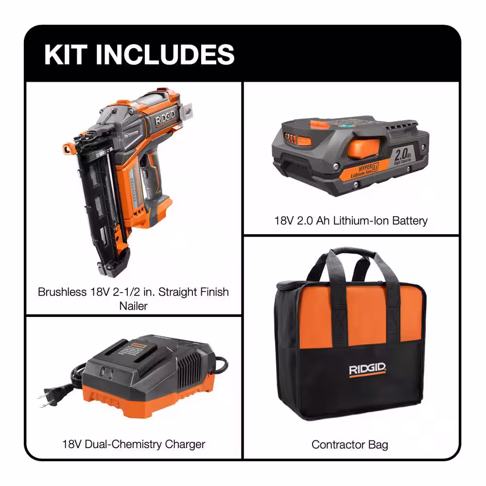 RIDGID 18V Brushless Cordless HYPERDRIVE 16-Gauge 2-1/2 in Straight Finish Nailer, 2 Ah Battery, Charger, Belt Clip and Bag