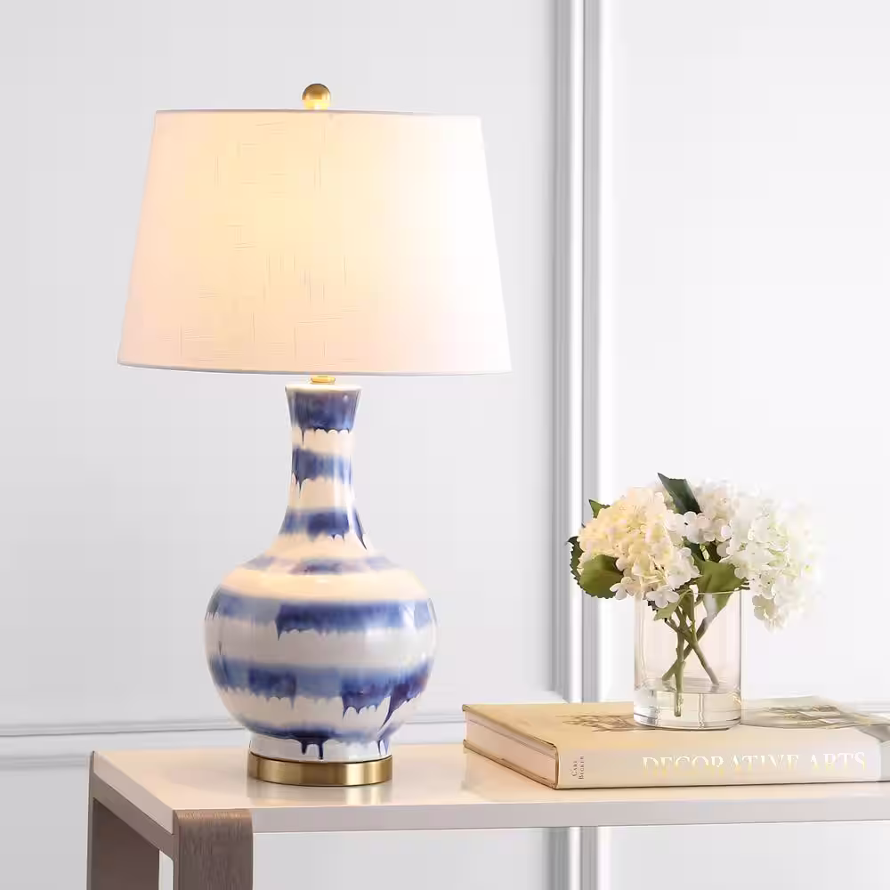 JONATHAN Y Tucker 30.5 in. Blue/White Ceramic/Metal LED Table Lamp