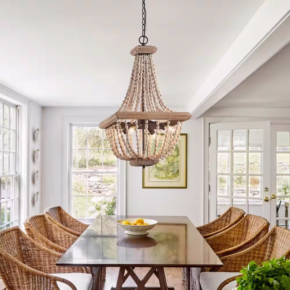 Parrot Uncle Regas 4-Light Farmhouse Weathered Wood Bead Two-tiered Candle Style Chandelier