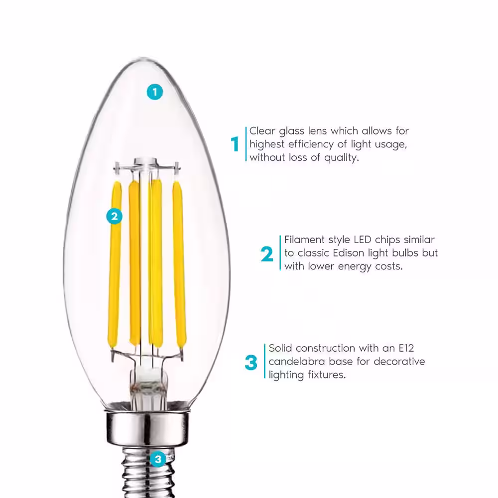 LUXRITE 60-Watt Equivalent B10 Dimmable LED Light Bulbs Clear Glass Filament 3000K Soft White (12-Pack)
