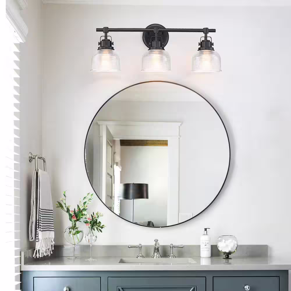 TRUE FINE 24 in. 3-Light Black Bathroom Vanity Light with Clear Prismatic Glass Shade