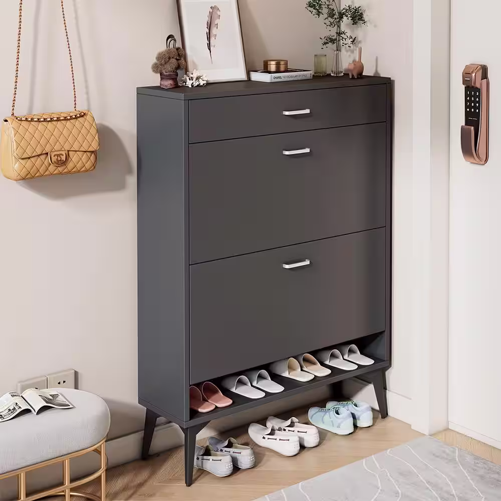 None 43.3 in. H x 31.49 in. W Gray 3-Drawer Wood Shoe Storage Cabinet with Removable Panels & 1 Open Shelf