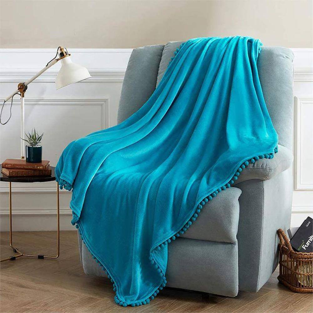 None Teal 60 in. x 80 in. Lightweight Soft Microfiber Throw Blanket with Pom Pom Fringe