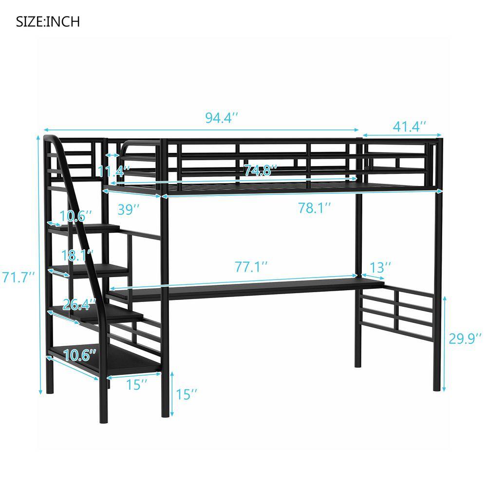 Harper & Bright Designs Black Twin Size Metal Loft Bed with Desk and Stairs