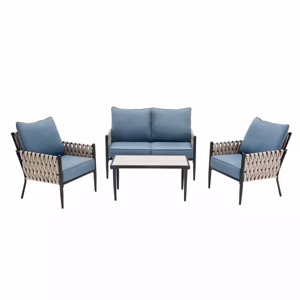 Hampton Bay Dockview 4-Piece Metal Outdoor Patio Conversation Set with Blue Cushions