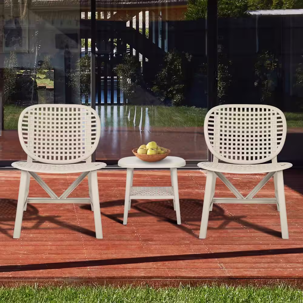 None 3-Piece Composite Outdoor Bistro Patio Table Chair Set All Weather Conversation Bistro Set Outdoor Coffee Table in White