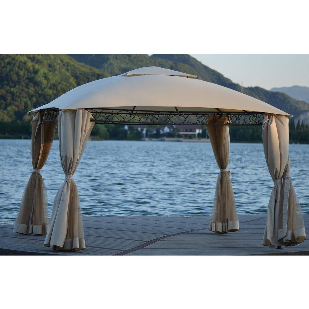 None 12.7 ft. x 14.2 ft. Iron Patio Outdoor Gazebo Quality Double Tiered Grill Canopy Tent with UV Protection in Beige