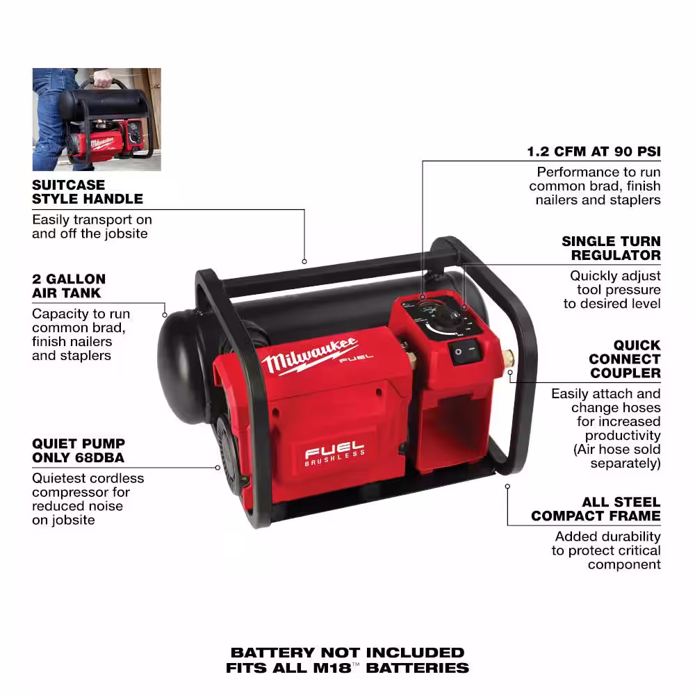 Milwaukee M18 FUEL Brushless Cordless 2 Gal. Compact Quiet Compressor w/M18 FUEL Cordless 7-1/4 in. Rear Handle Circular Saw