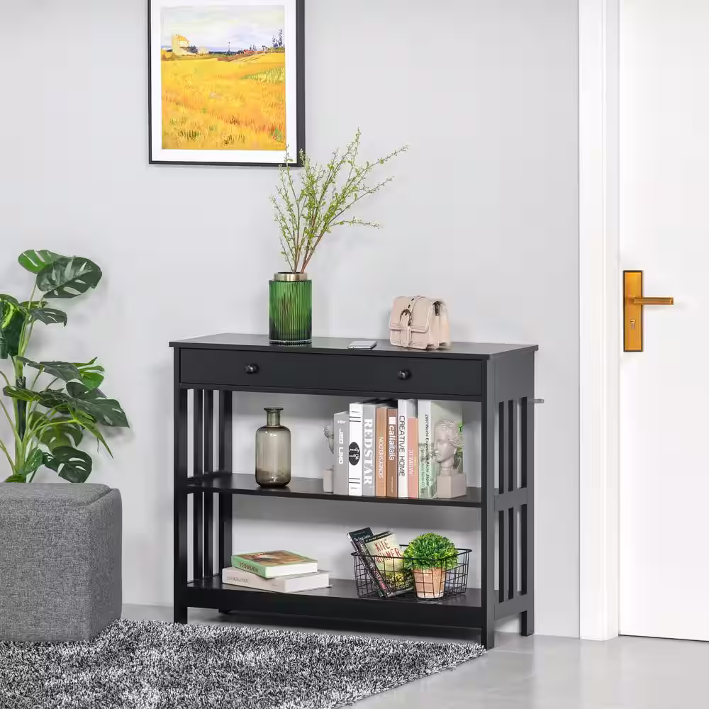 HOMCOM Modern 39.25 in. Black Rectangle Wood Console Table with Shelves