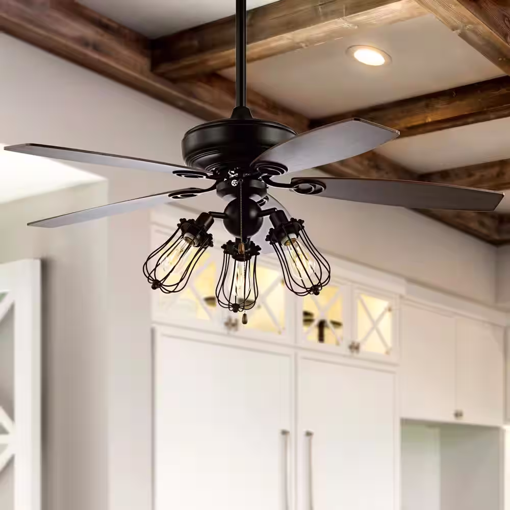 JONATHAN Y Lucas 52 in. Black Caged 3-Light Metal/Wood LED Ceiling Fan With Light