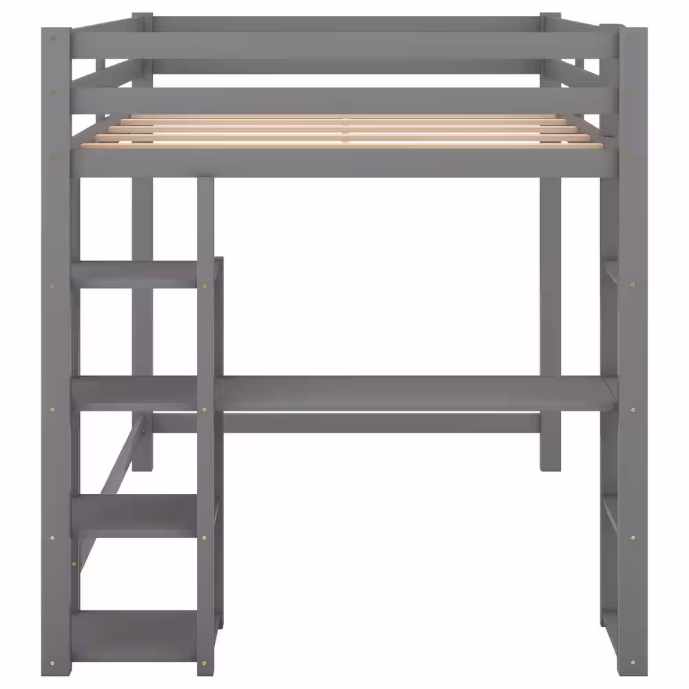 Qualler Gray Full Size Loft Bed with Built-in Desk and Shelves