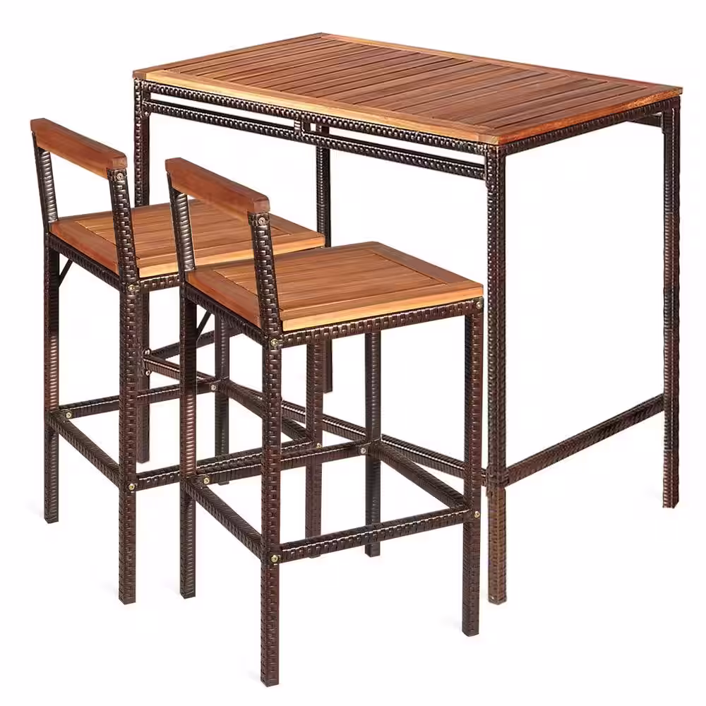 Costway Patio Rattan Wicker Bar Dining Furniture Set(Set of 3)
