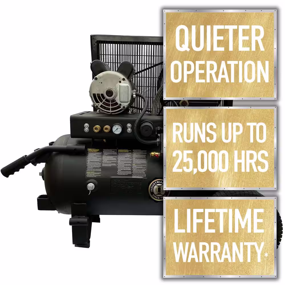 None Industrial Gold 20 Gal. 2 HP Portable 1-Phase Low RPM 125 PSI Electric Air Compressor with Quiet Operation