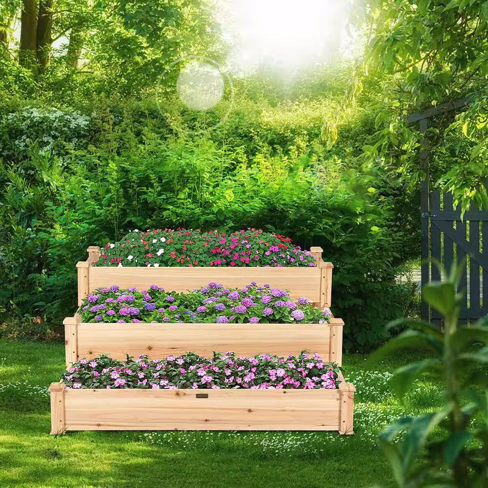 Costway 49 in x 49 in x 22 in 3-Tier Natural Wooden Garden Raised Bed Elevated Planter Kit