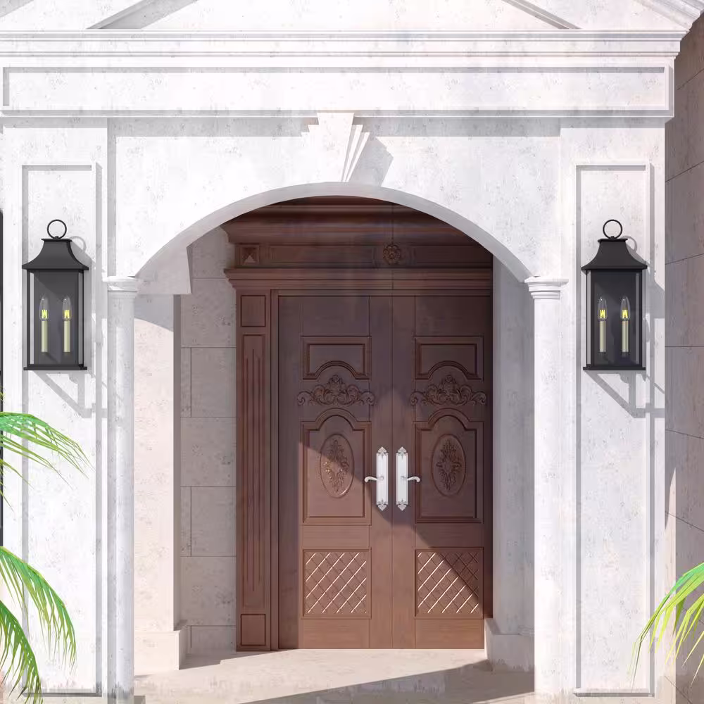 Maxax Montpelier 20.6 in. 2-Light Sand Grain Black Dusk to Dawn Outdoor Hardwired Wall Lantern Scone