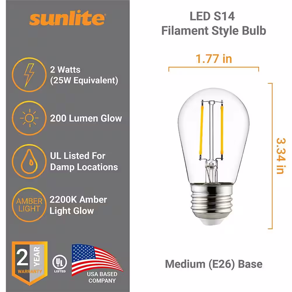 Sunlite 25-Watt Equivalent S14 Dimmable Edison Filament E26 Base String LED Light Bulb in Amber 2200K (6-Pack)