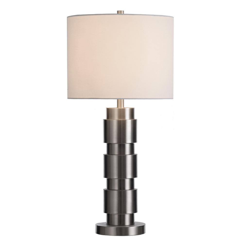 StyleCraft 30 in. Brushed Aluminum, White Candlestick Task and Reading Table Lamp for Living Room with White Linen Shade