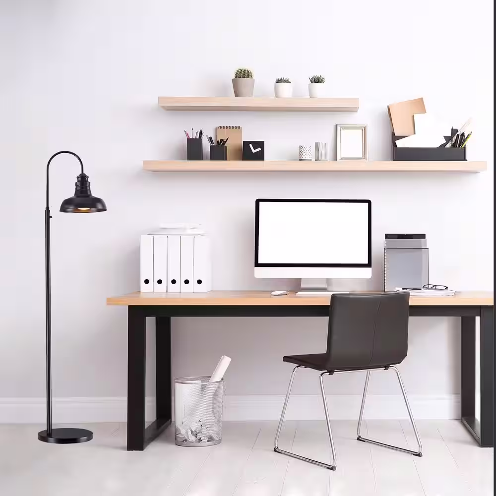 Hampton Bay Elmcroft 72 in. Outdoor-Rated Plug-In 1-Light Matte Black Floor Lamp with Metal Shade - Use with 13W Max LED Bulb