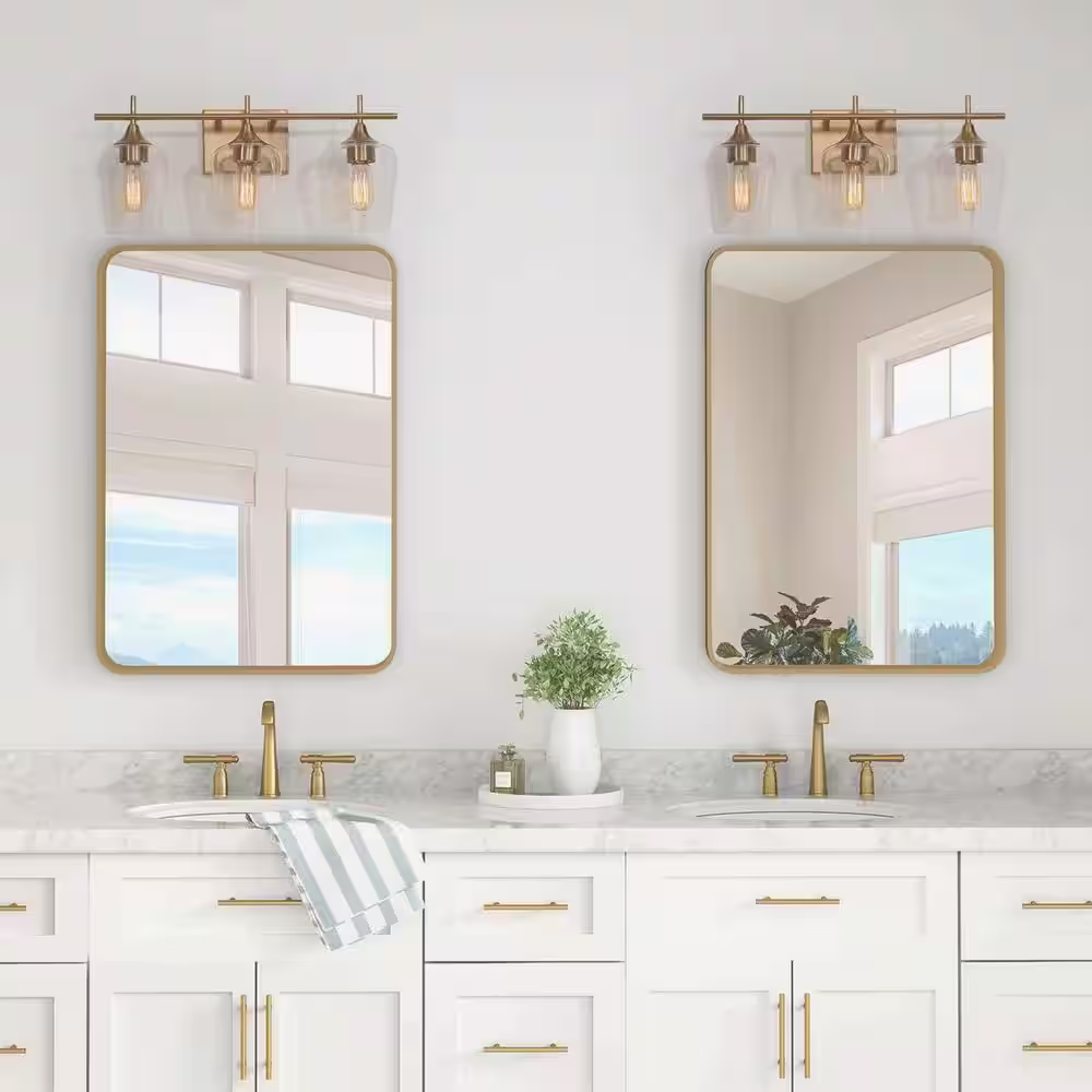 Uolfin Modern Circle Bathroom Vanity Light 3-Light Brass Gold Round Powder Room Wall Sconce Light with Clear Glass Shades