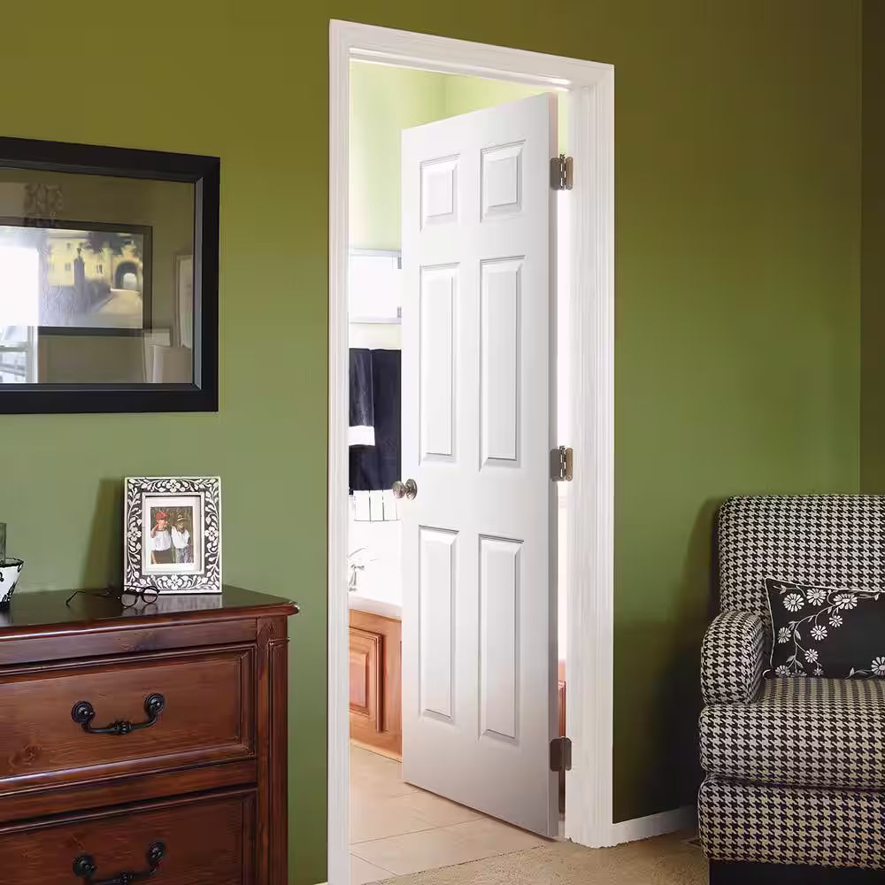 Steves & Sons 18 in. x 80 in. 6 Panel Right-Handed Solid Core White Primed Wood Single Prehung Interior Door with Nickel Hinges