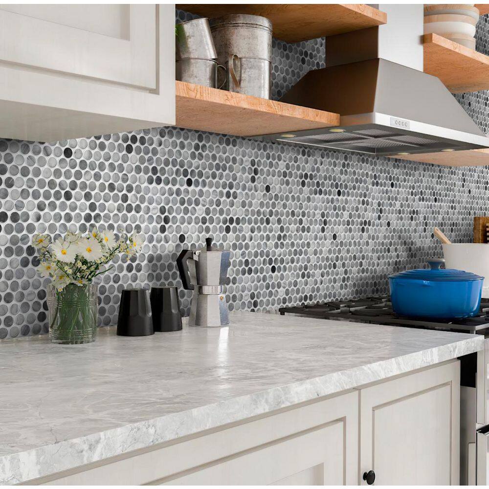 Apollo Tile White and Grey 11.3 in. x 12.3 in. Penny Round Polished Marble Mosaic Tile (4.83 sq. ft./Case)