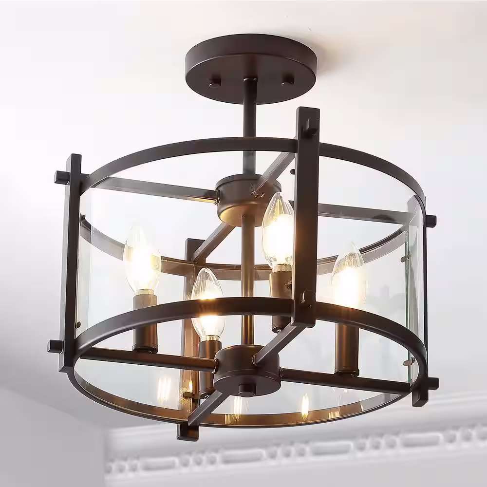 JONATHAN Y Hampdon 15 in. Oil Rubbed Bronze Iron/Glass Modern Drum LED Flush Mount