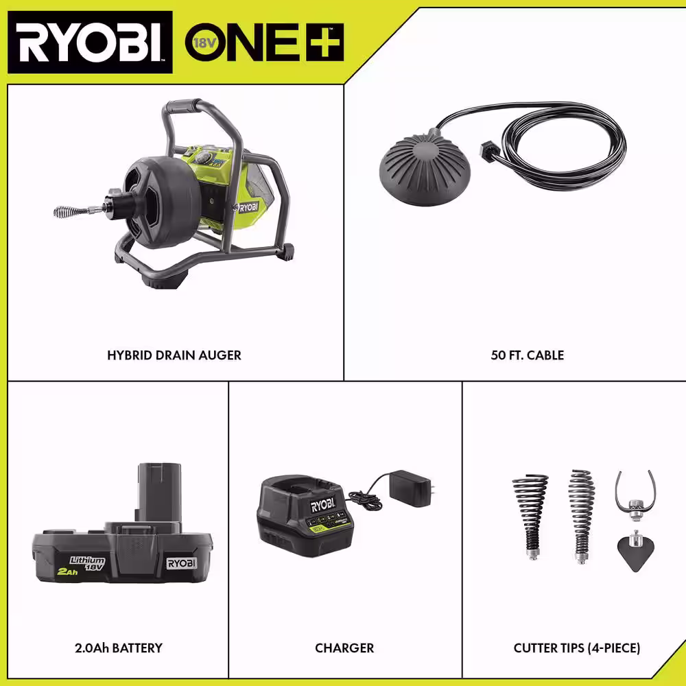 RYOBI ONE+ 18V Hybrid Drain Auger Kit with 50 ft. Cable, 2.0 Ah Battery, 18V Charger and Cutter Tips (4-Piece)