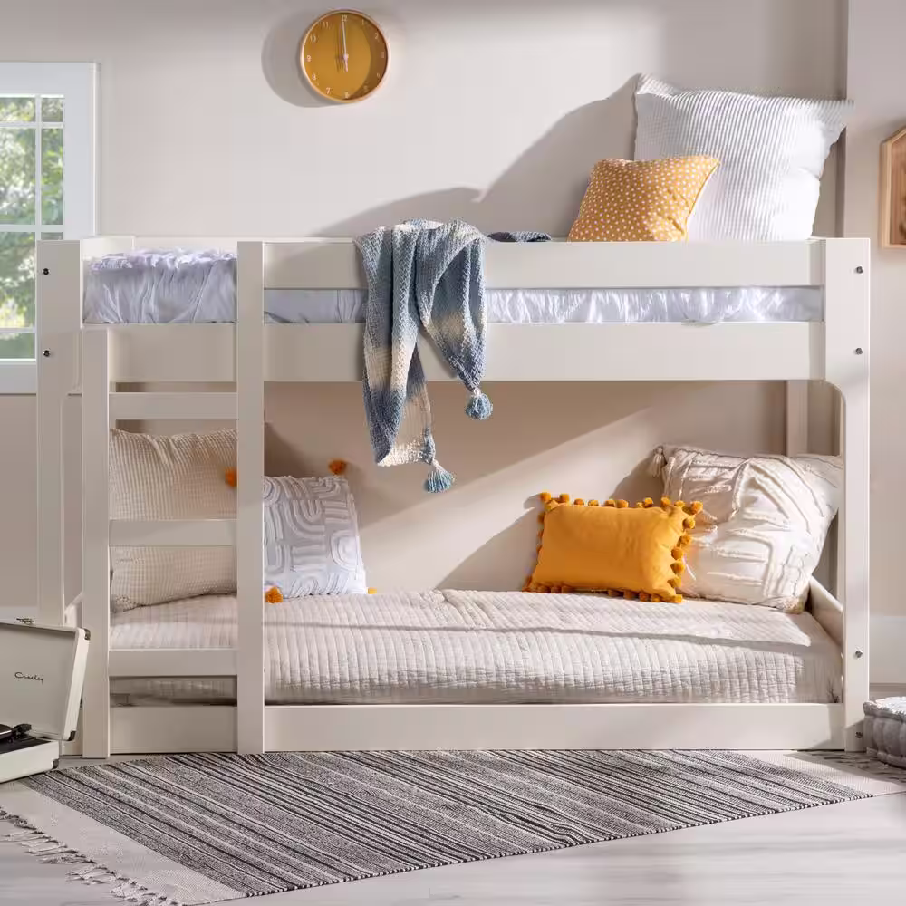Welwick Designs White Solid Wood Twin Over Twin Bunk Bed with Integrated Ladder