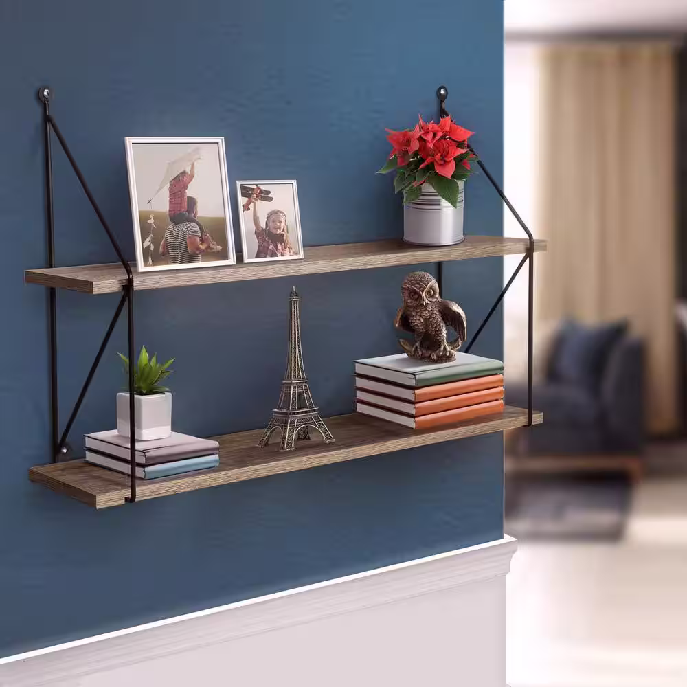 Sorbus 6 in. D x 23.62 in W x 15.75 in. H Grey Rustic Wood Decorative Wall Shelves with Crossbar and Metal Brackets