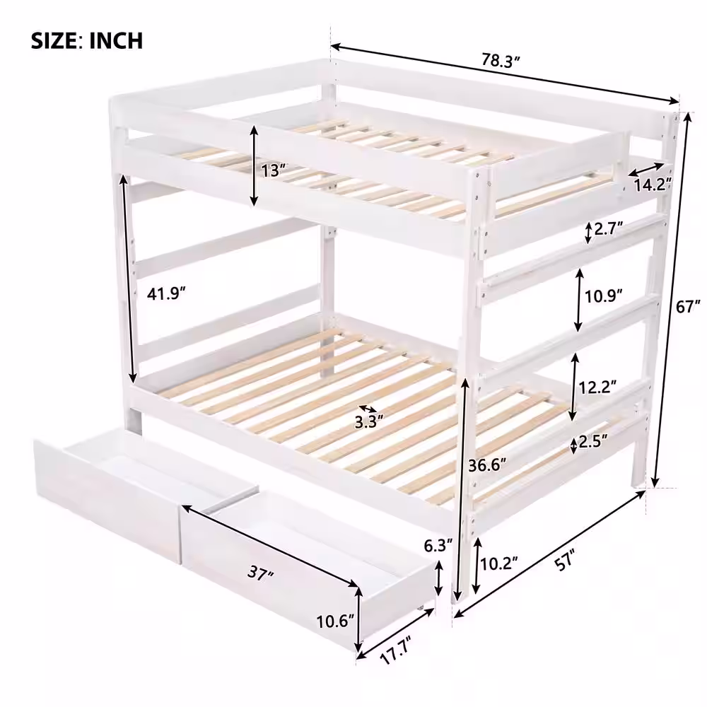 Harper & Bright Designs White Full Over Full Wood Bunk Bed with 2-Drawers
