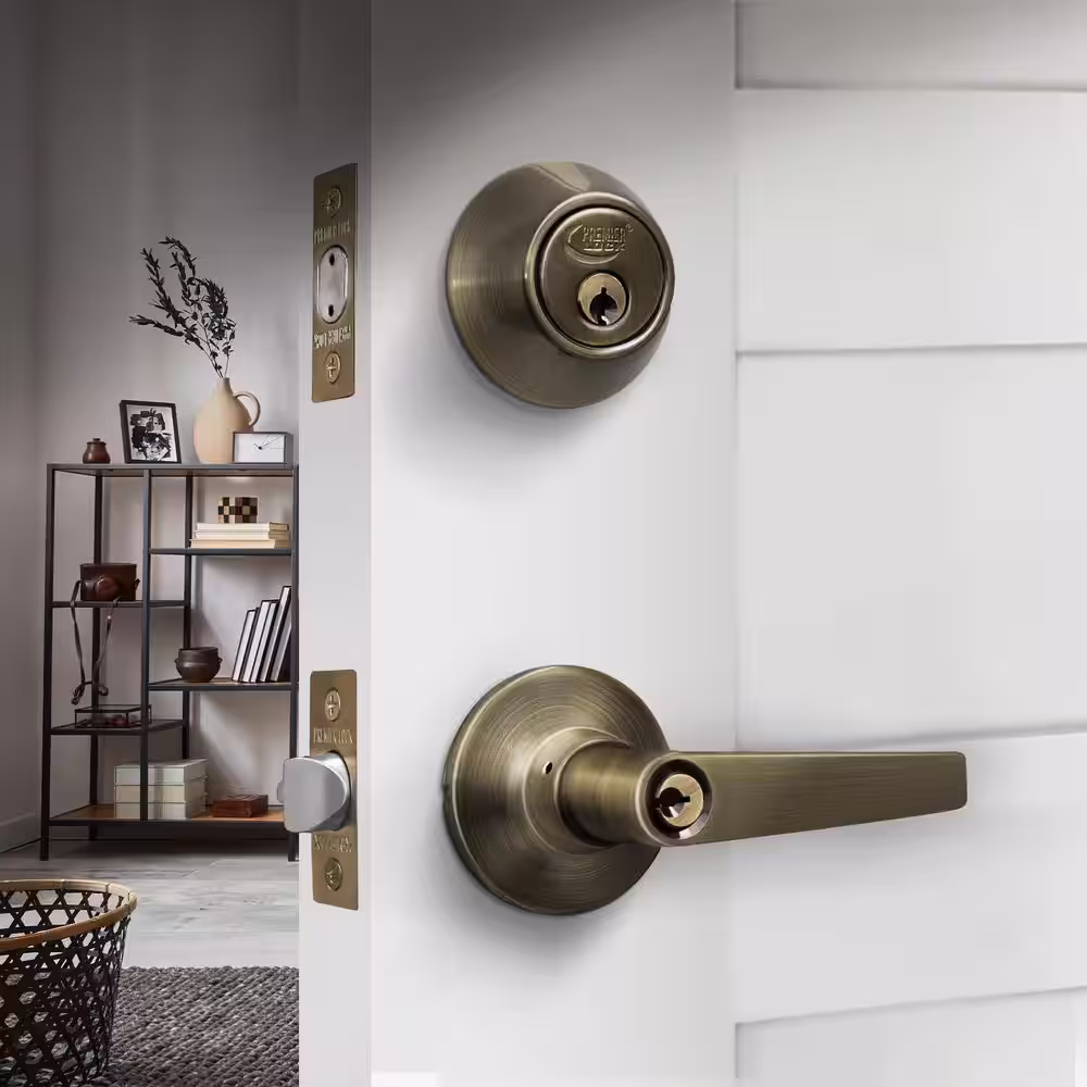 Premier Lock Antique Brass Entry Lock Set Door Lever Handle and Deadbolt Keyed Alike KW1 Keyway. 8 Total Keys, Keyed Alike by Set