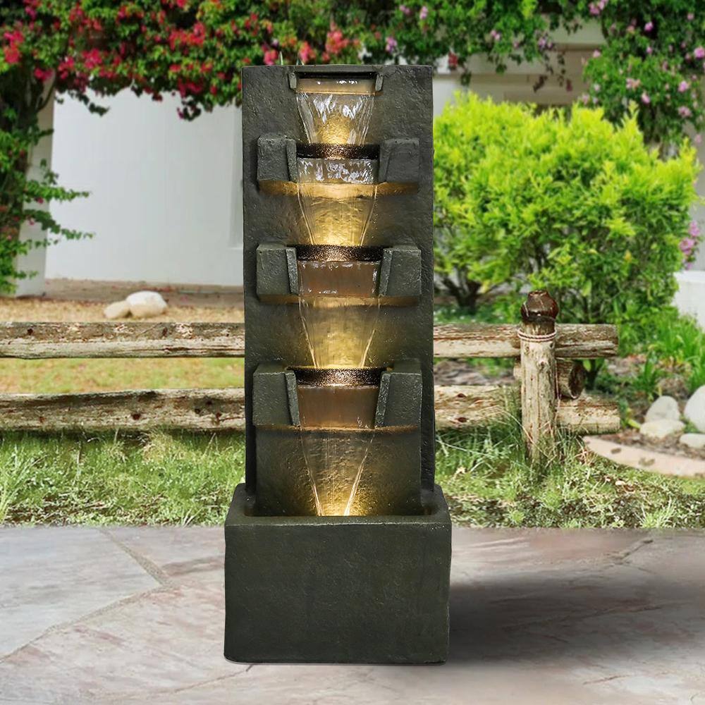 None 39.3 in. Concrete Modern Indoor Fountain Outdoor Waterfall with LED Light -5-Tier Tall for Garden, Patio, Home Art Decor