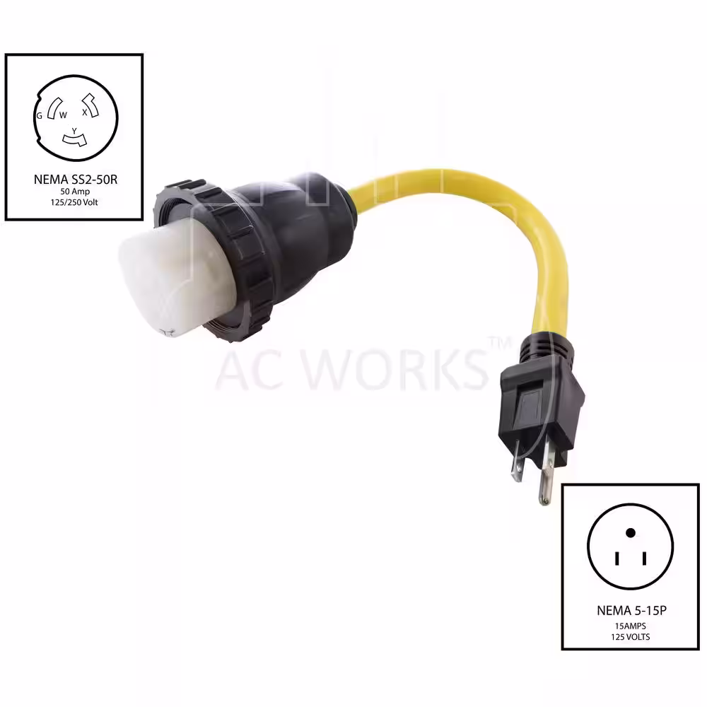 AC WORKS AC Connectors 1.5 ft. 10/3 Household 5-15P 15 Amp Plug to RV/Marine 50 Amp Detachable Inlet Adapter