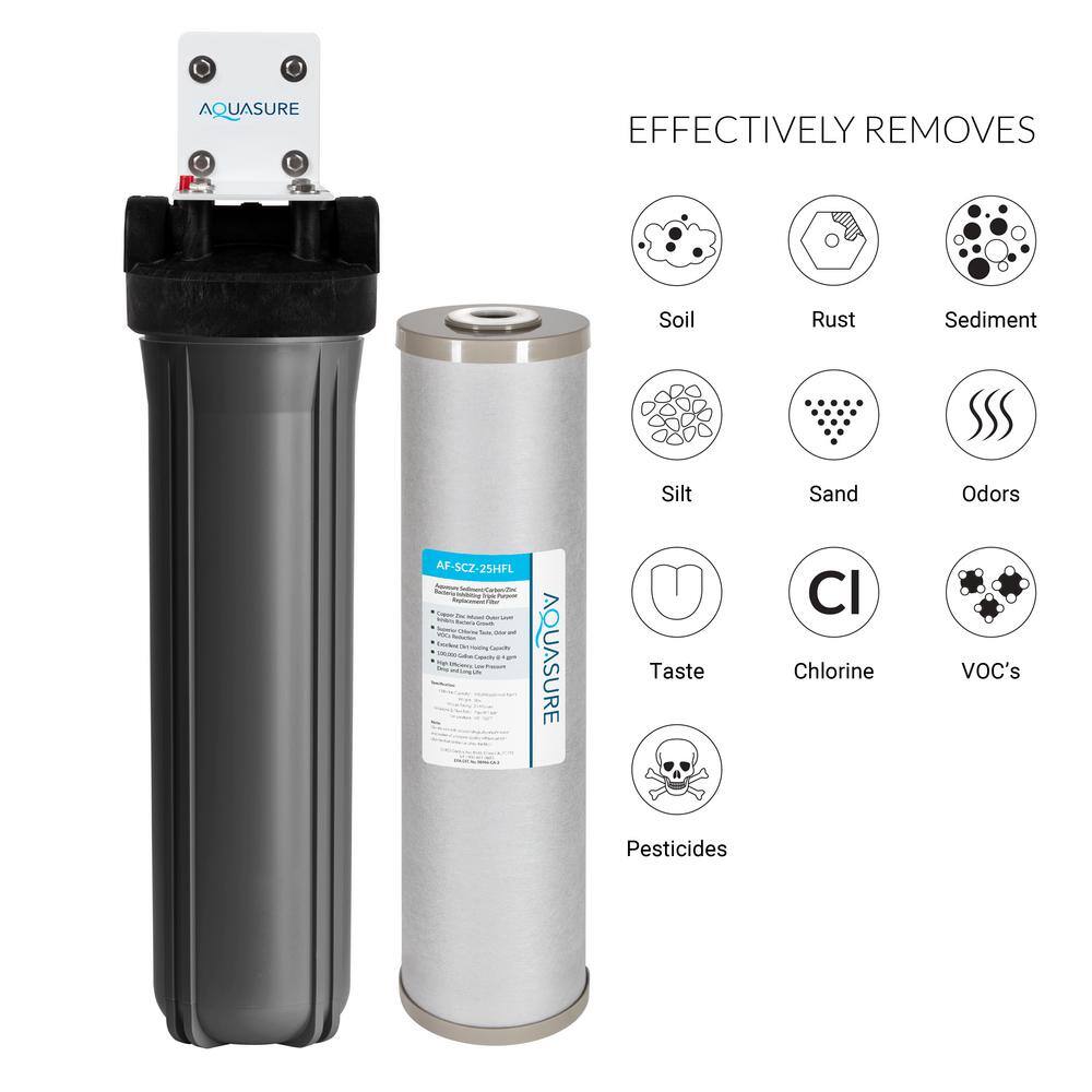 AQUASURE Fortitude V2 Series Whole House Sediment/Carbon/Zinc Bacteria In-hibiting Triple Purpose Filtration Large Gray System