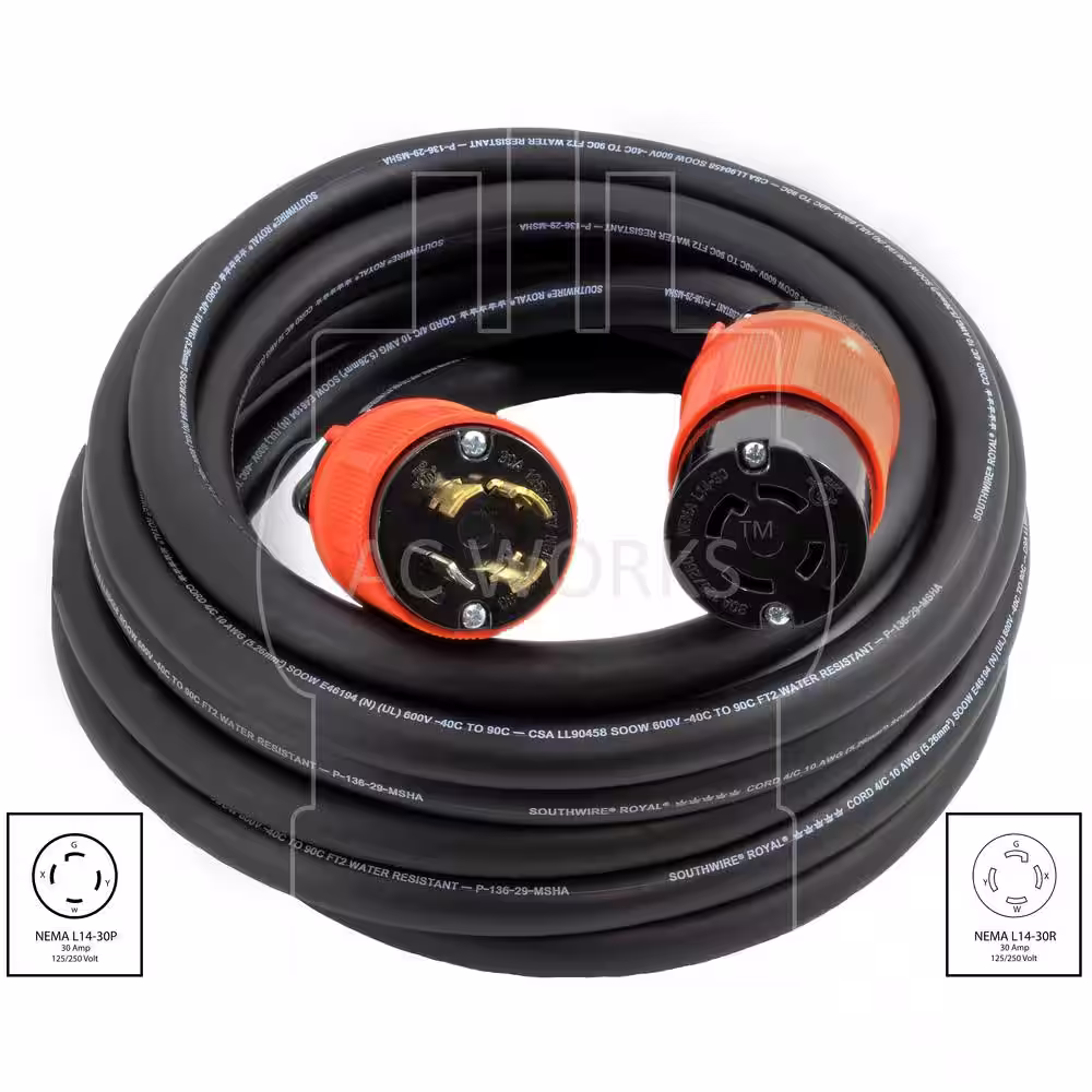 AC WORKS 100 ft. 10/4 Soow Nema L14-30 125-Volt/250-Volt 30 Amp Generator Rubber Extension Cord