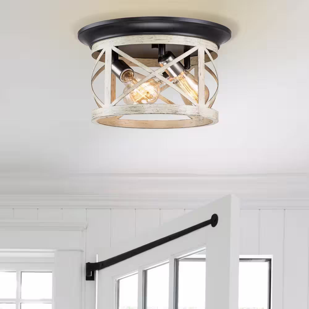 None 14 in. 3-Light Oil-Rubbed Bronze and Off-White Woodgrain Flush Mount with Satin Nickel Accent