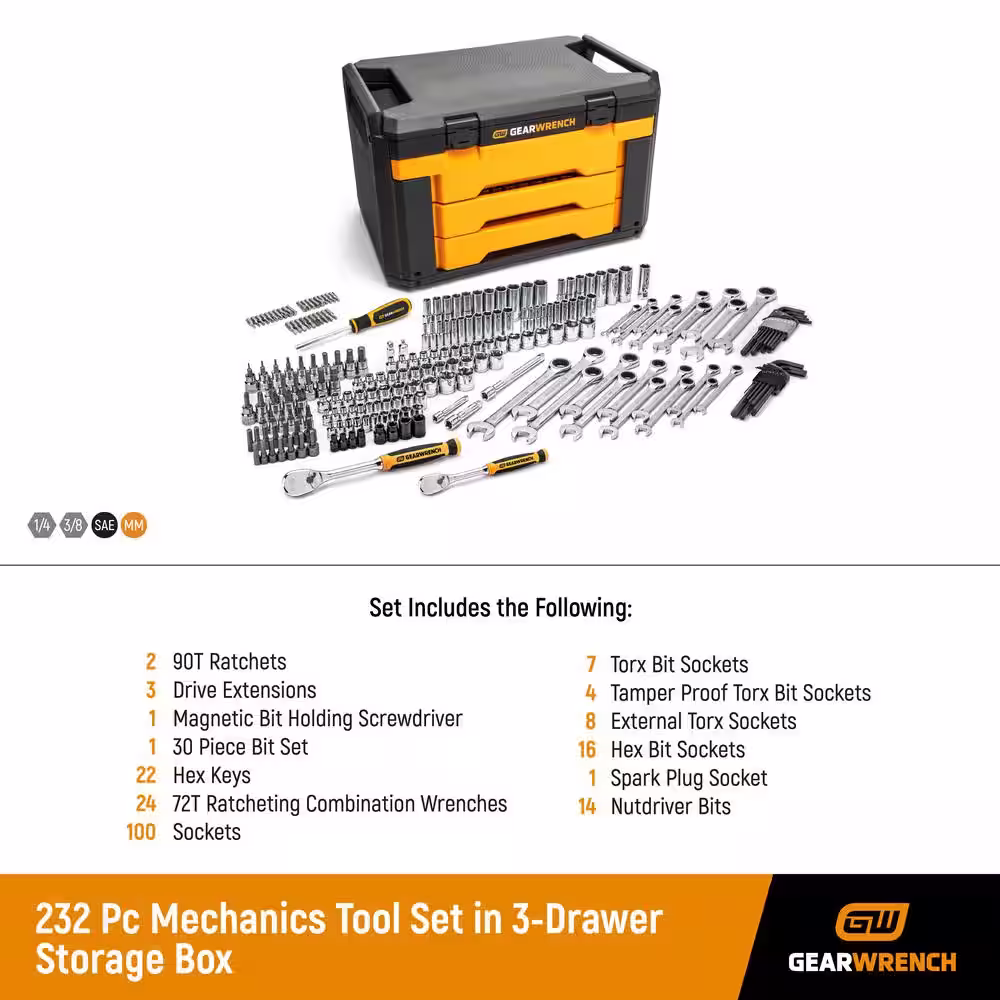 GEARWRENCH 1/4 in. and 3/8 in. Drive Standard and Deep SAE/Metric Mechanics Tool Set in 3-Drawer Storage Box (232-Piece)
