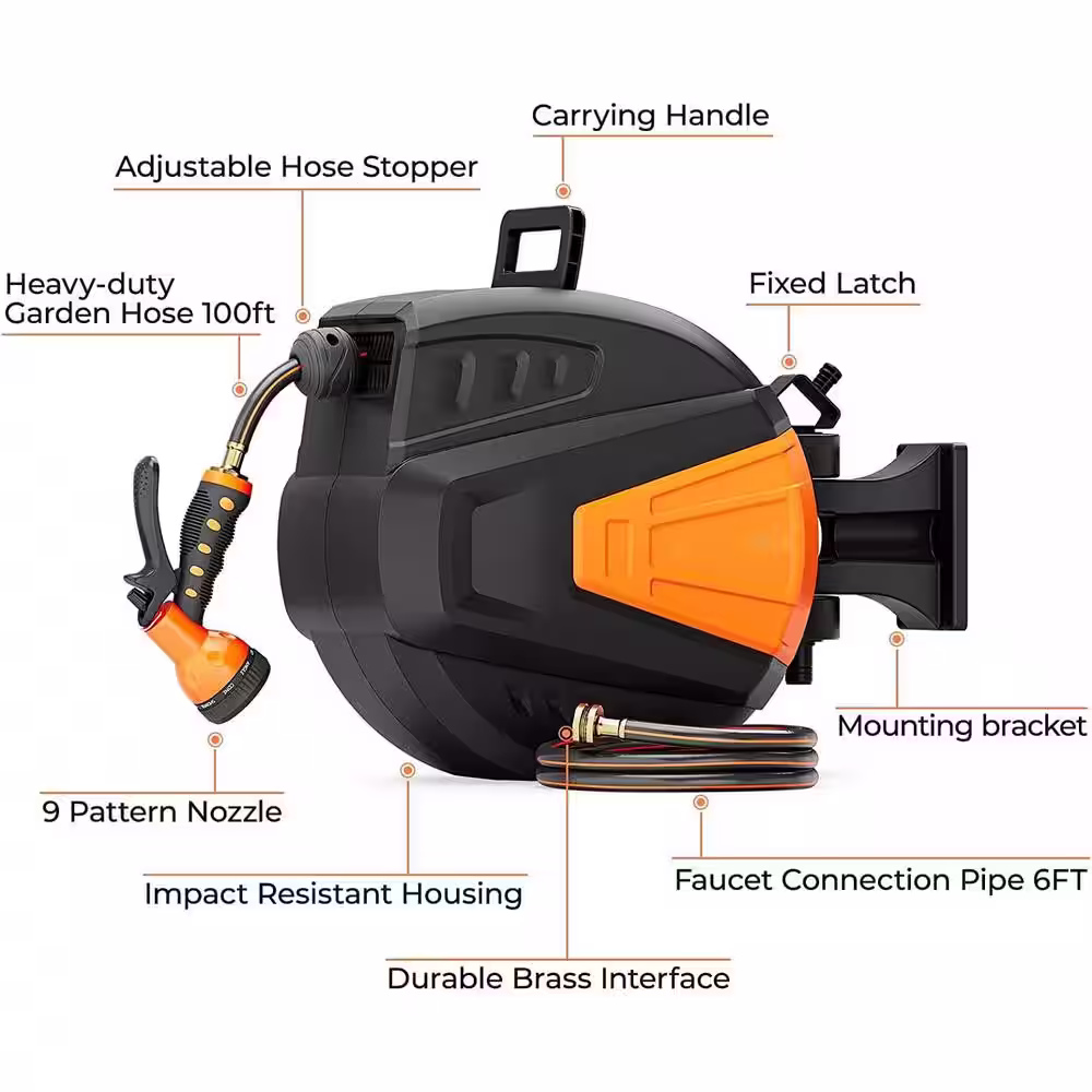 None 1/2 in. Dia x 100 ft. Wall Mounted Hose Reel with 9-Function Sprayer Nozzle