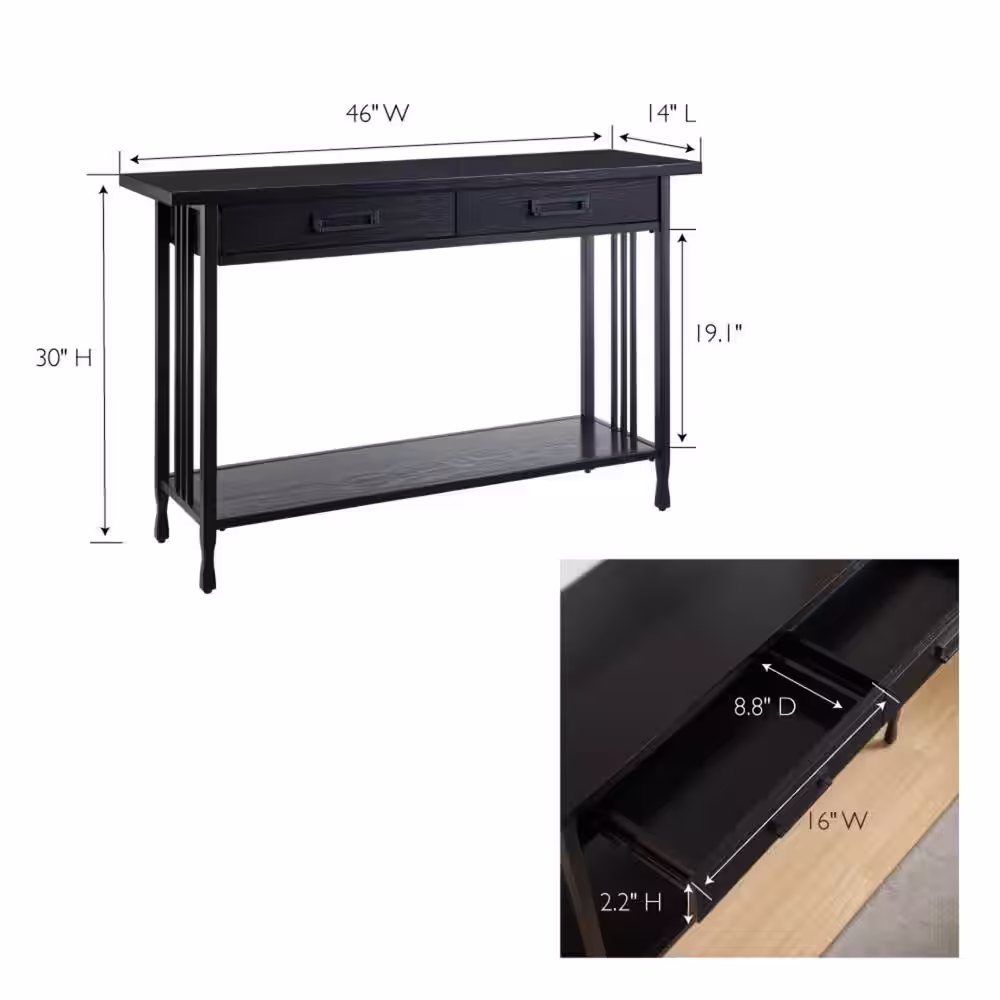 Leick Home Ironcraft 46 in. W x 14 in. D x 30 in. H Black Wash Rectangle Wood Top Console Hall Table with 2-Drawers and Shelf