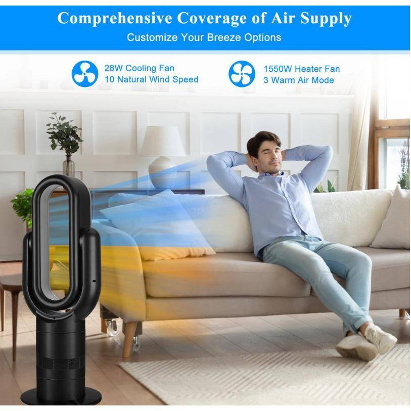 None 26 in. 3-speed Space Heater Bladeless Tower Fan in Black with Remote Control Heater and Cooling for Home Air Conditioner