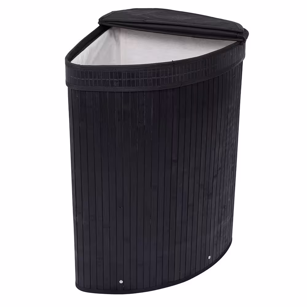 BirdRock Home Black Bamboo Corner Laundry Hamper with Lid and Cloth Liner