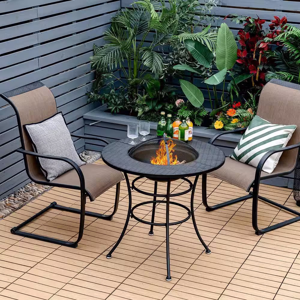 Gymax Black Patio Round Metal Fire Pit Dining Table Charcoal Wood Burning Cooking BBQ Grate