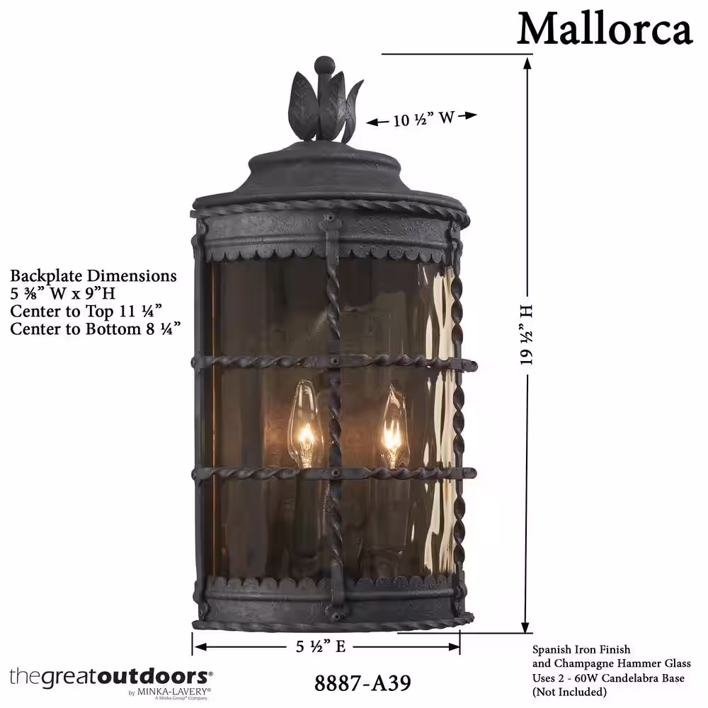 the great outdoors by Minka Lavery Mallorca 2-Light Spanish Iron Outdoor Wall Lantern Sconce