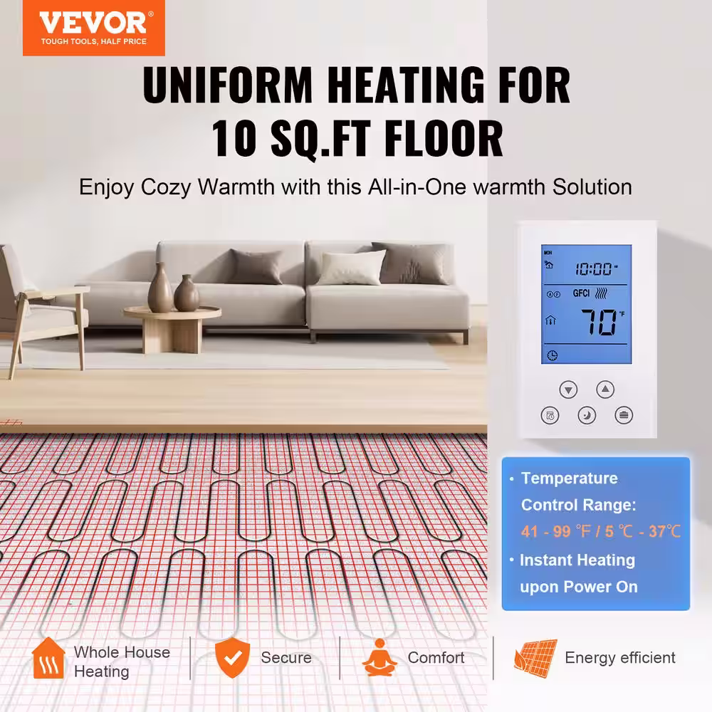 VEVOR Floor Heating Mat 10 Sq.ft Electric Radiant In-Floor Heated Warm System with Digital Floor Sensing Thermostat