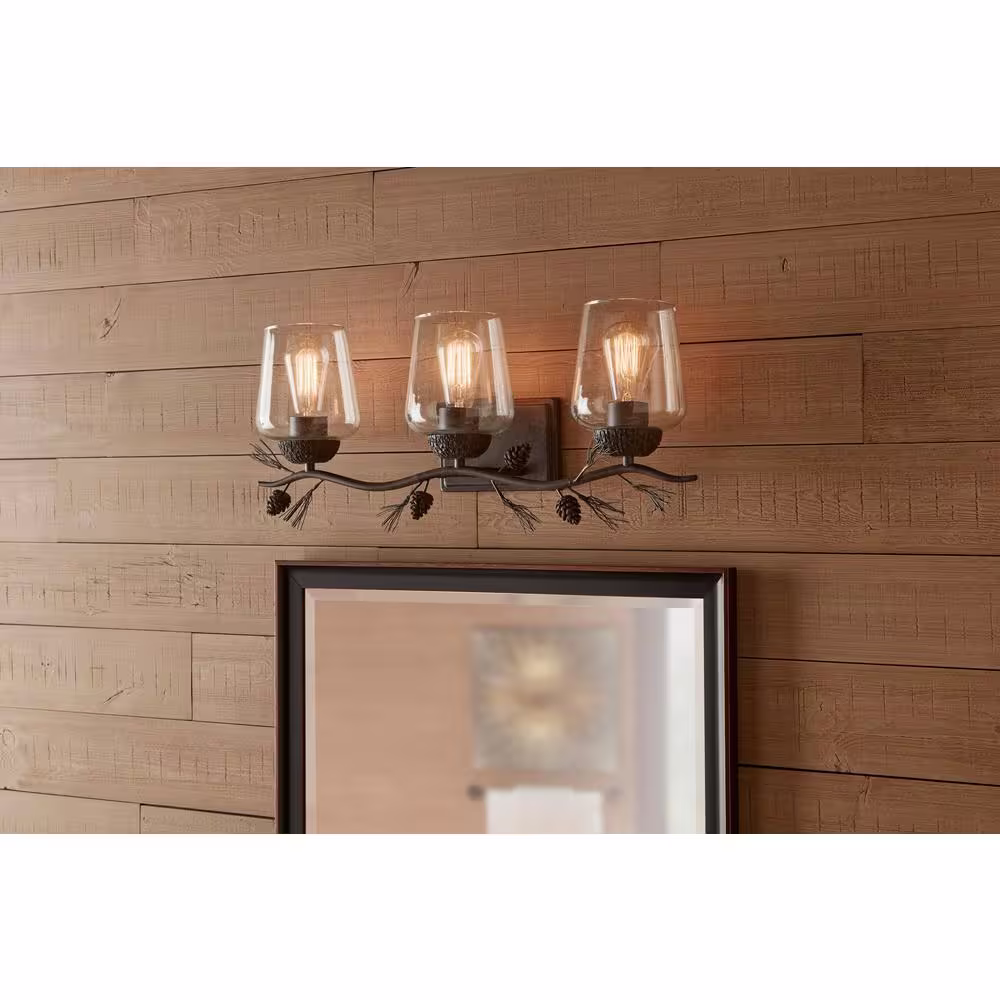 Hampton Bay Spruce Lodge 25 in. 3-Lights Handmade Pinecone Vanity Light with Clear Seeded Glass Shade