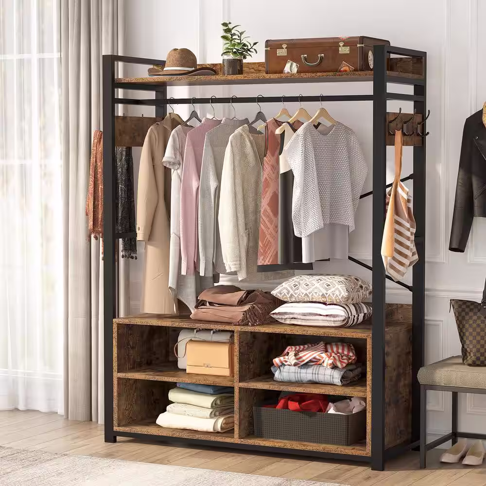 None Cynthia Brown Freestanding Garment Rack with Shelves, Hooks and Hang Rod