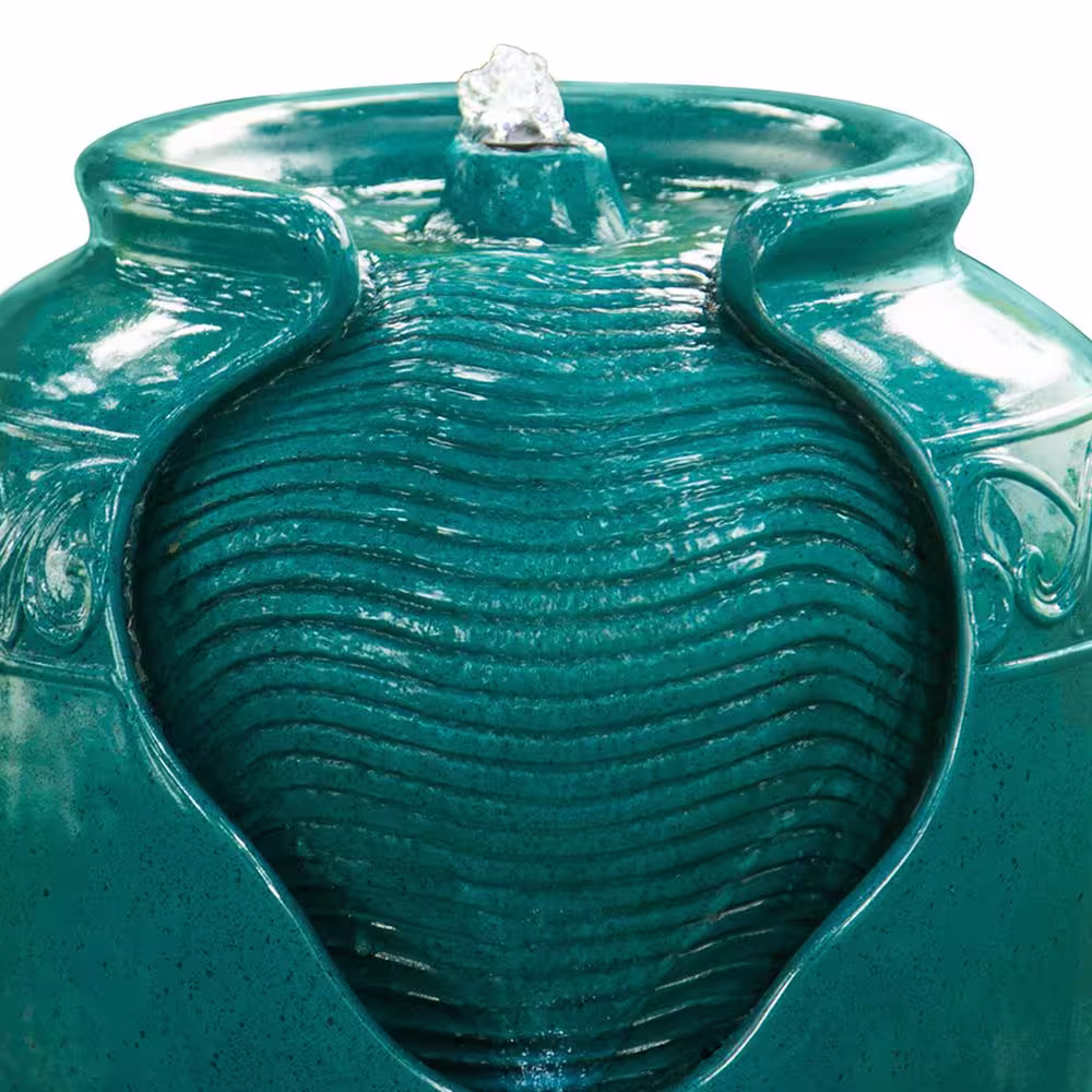 Teamson Home Outdoor Glazed Urn Pot Floor Fountain with LED Light in Teal