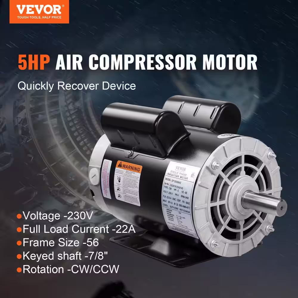 VEVOR 5HP Air Compressor Motor 3450 RPM Single Phase Electric Motor 7/8 in. Keyed shaft 230V FLA 22A 56 Frame CW/CCW Rotation